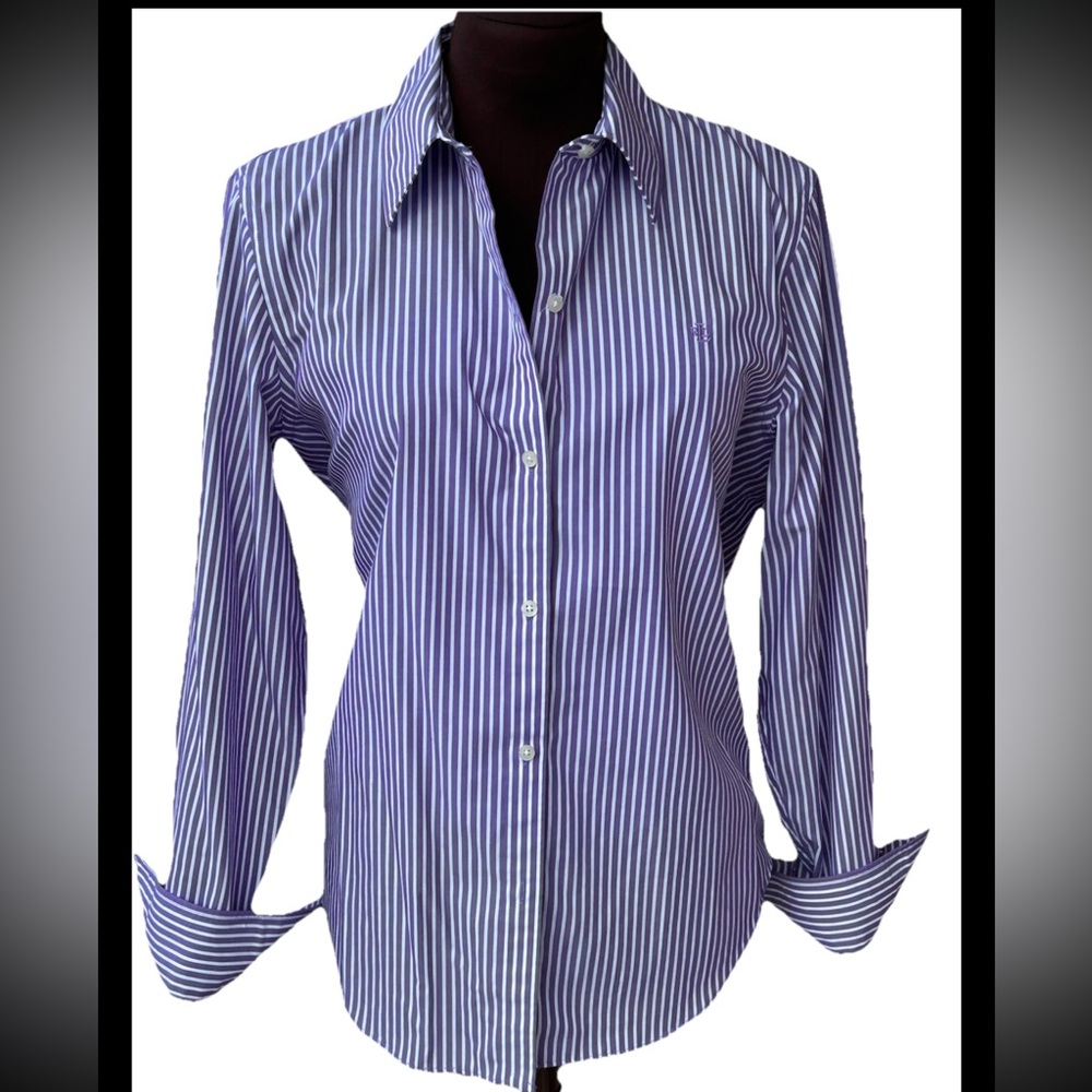 NWOT RALPH LAUREN sM ‘Non Iron’ purple striped shirt-silky hi thread ct cotton - Picture 1 of 6